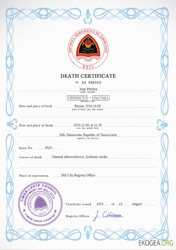 Modèle PSD de certificat de décès d'état civil du Timor Leste